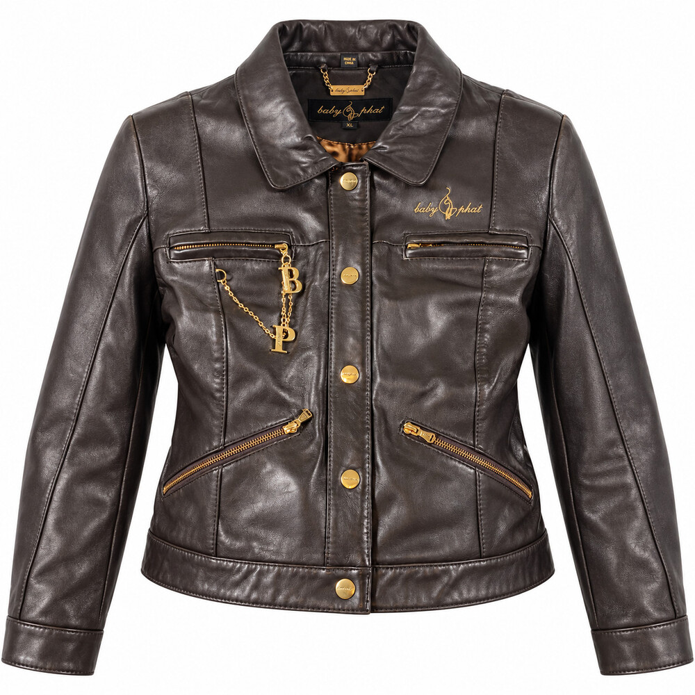 Vintage Baby Phat Genuine Leather Jacket Women XL Brown Gold Cat Y2K